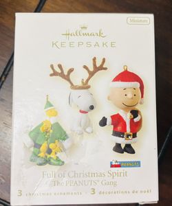 NIB Hallmark 3pc Peanuts 2008 Handcrafted FULL OF CHRISTMAS SPIRIT Ornaments