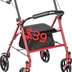 Drive Medical 10257RD-1 Four Wheel Rollator With Fold Up Removable Back Support, Red