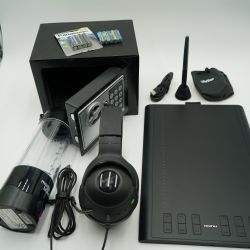 Electronics & Home Bundle – Huion Drawing Tablet, Digital Safe, Headphones, Portable Blender & More