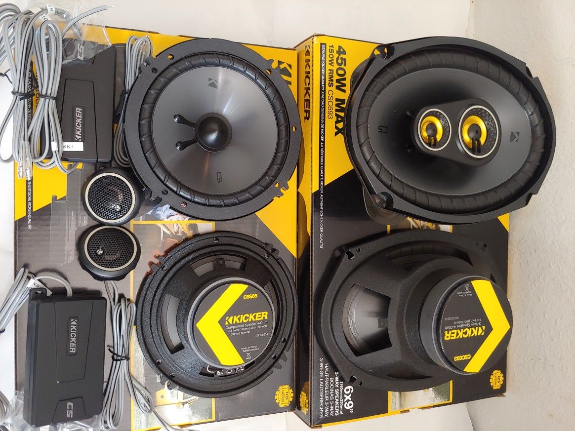 KICKER 1 PAIR 6.5" 300 WATTS COMPONENT SET WITH CROSSOVER & 1 PAIR 6×9 3 WAY 450 WATTS CAR SPEAKER ( BRAND NEW PRICE IS LOWEST INSTALL NOT AVAILABLE )