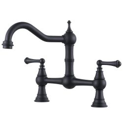 Double Handle Bridge Kitchen Faucet with 360° Swivel in Matte Black