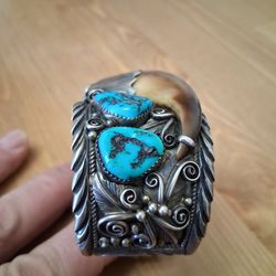 Native Old Pawn Silver, Turquoise, Bear Claw Watch Cuff