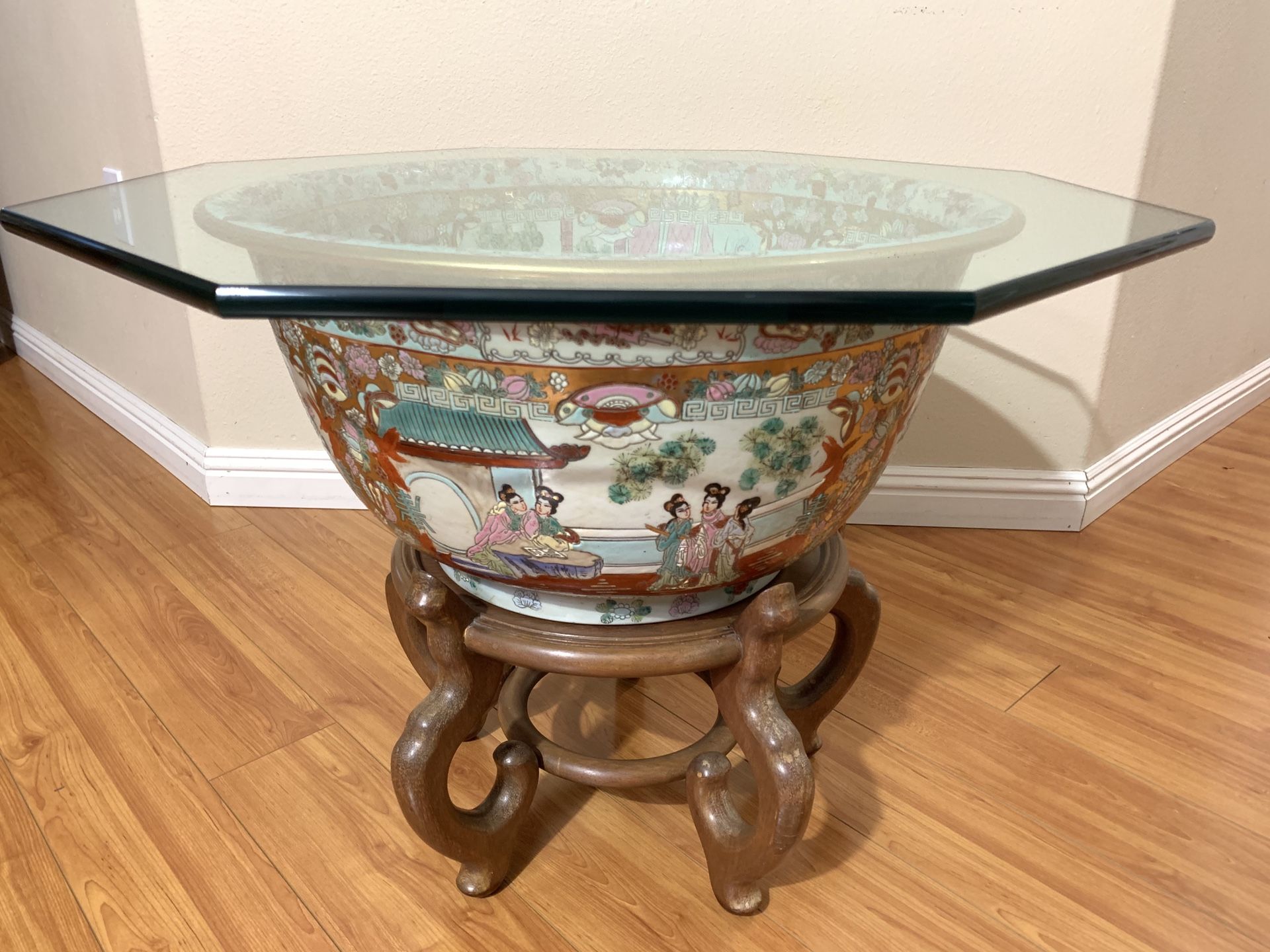 Antique Large Chines Famille Rose Porcelain Fish Bowl, Glass top table