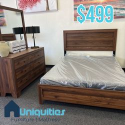 Queen 4 Piece Bedroom Set Set includes Bed Frame, Dresser, Mirror and 1 Night Stand. *Mattress and box spring are sold separately. 