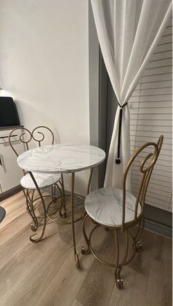 Modern Gold & Faux White Marble Bistro Set (3-Piece: Table + 2 Chairs)