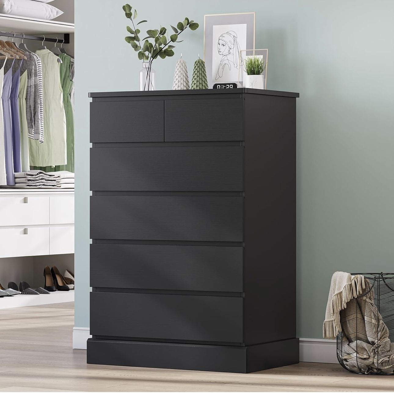 Black Tall Dresser for Bedroom with 6 Drawers