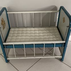 Vintage Amsco Blue/Wht Doll Crib Adjustable Side Rail Metal Deer & bunny decals 