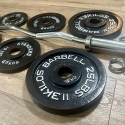 Beautiful  Equipment: Curl Bar W/Cooper Bearings & Pair of Weight Plates 25s, 10s, 5s And 2.5 Pounds. (Total: 105 lbs)  