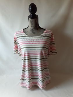 Coral Bay women's pink/white striped embellished short sleeve top size L