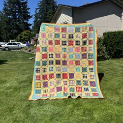 Vintage Colorful Patchwork Quilt Hand Sewn
