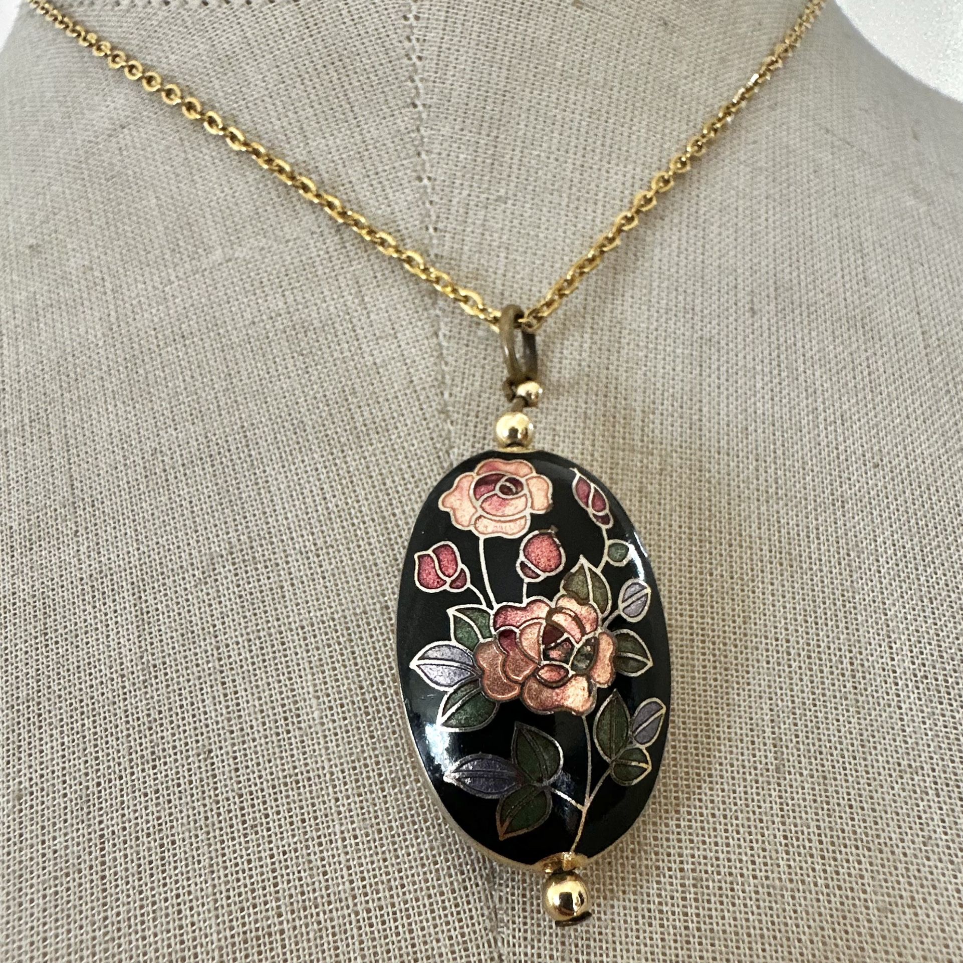 Floral Cloisonné Pendant Necklace Gold-Tone Chain