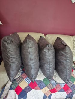 Set of 4 Gray Faux Leather Throw Pillows