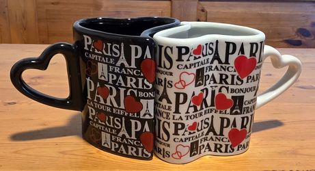 Vintage TOUR Paris Interlocking Couples Mug Set  Heart Shaped Puzzle Coffee Cups