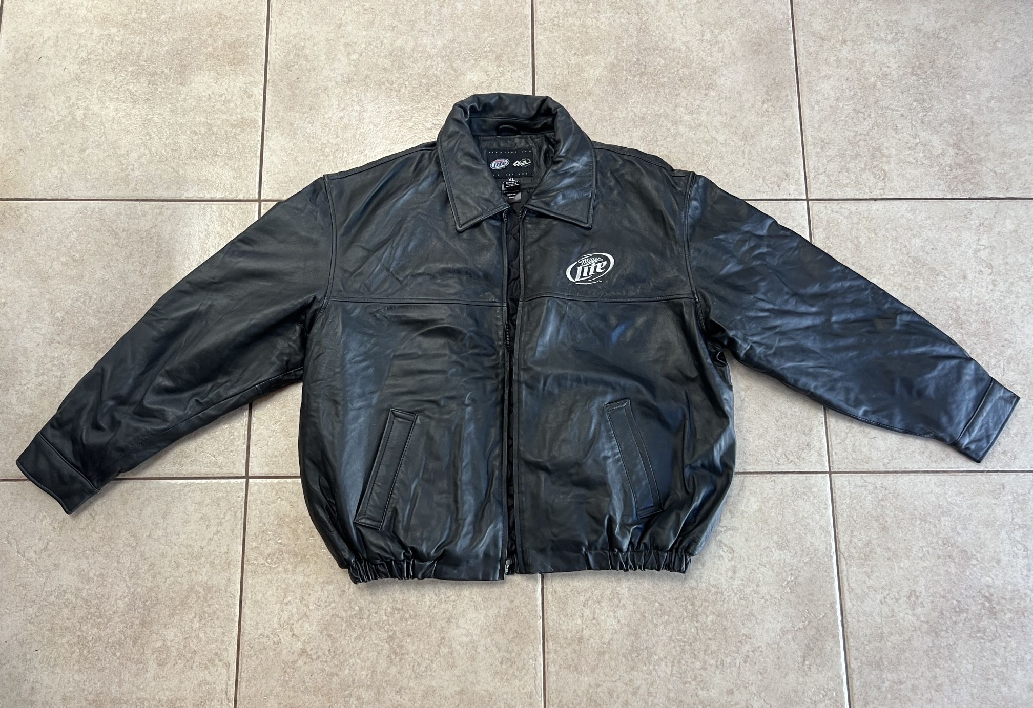 Men’s Y2 Miller Lite Harley Davidson, XL Black Leather Bomber Jacket.