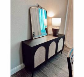 Mercury Contemporary 56 in. Wide Rattan 3-Doors Oak Storage Sideboard with adjustable legs and Shelves-Black
