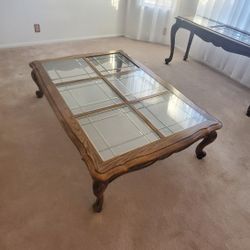 Solid Oak & Glass Coffee Table, End Table, And Sofa Table 