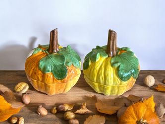 Set of 2 Horchow Lidded Pumpkin Lidded Bowls Vtg Italian Glazed Ceramic Dishes
