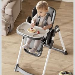 High Chair, Foldable High Chairs for Babies and Toddlers with Removable Tray, Height Adjustable Feeding Chair, Adjustable Backrest and Footrest, Black