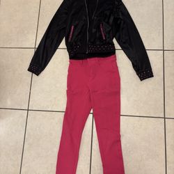 Hip hop costume black jacket + hot pink pants 