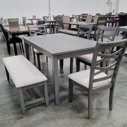 ✅️✅️6 pc grey finish wood dining table set padded seat chairs and bench ✅️