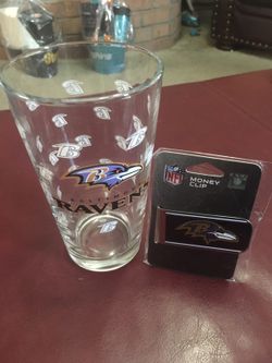 Baltimore Ravens money clip and pint glass