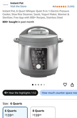 Instant Pot, 6-Quart Whisper Quiet 9-in-1 Electric Pressure Cooker, Slow Rice Steamer, Sauté, Yogurt Maker, Warmer & Sterilizer, Free App with 800+ Re