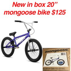 New in box 20” mongoose bike $125 Firm no lower Cash only East Palmdale  off 47th &R8 Address will be provide when ready to come i do not deliver pick