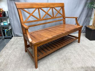 ETHAN ALLEN Light Brown Cross Back Bench w/ Bottom Slat Shelf