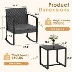 🥨3 PCs Greesum Outdoor Furniture Set,2 Patio Bistro Rocking Chairs with 1 Glass Coffee Table for Pool Beach Backyard Balcony Porch Deck Garden, Gray