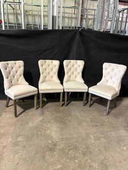 Set of 4 high-end beige tufted contemporary velvet nailhead trim upholstered dining chairs
