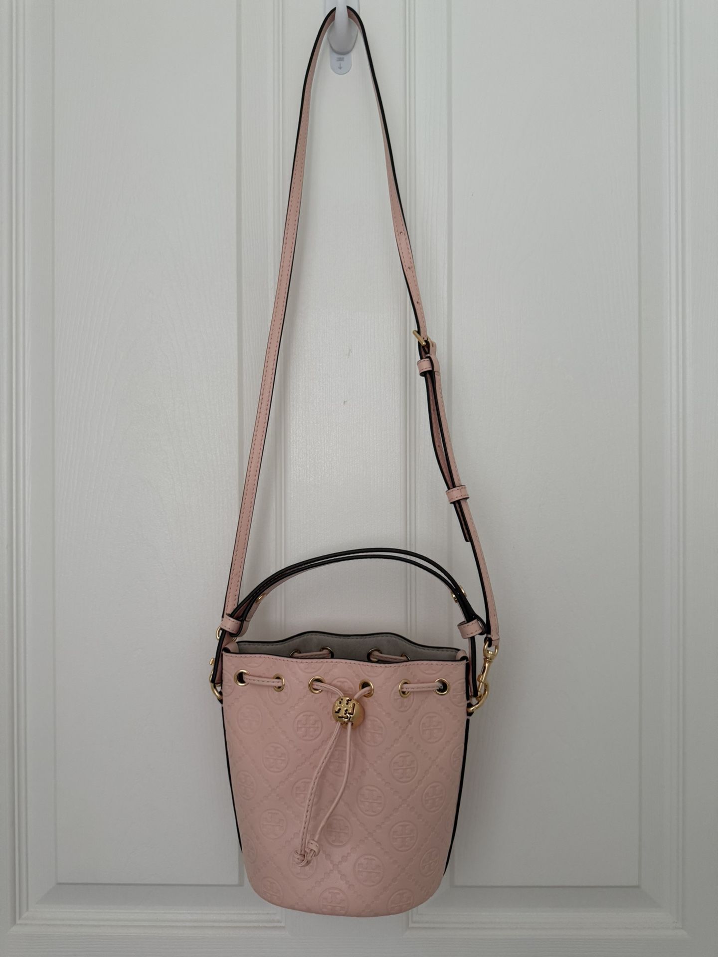 Tory Burch Small Blush Pink Monogram Embossed Bucket Bag