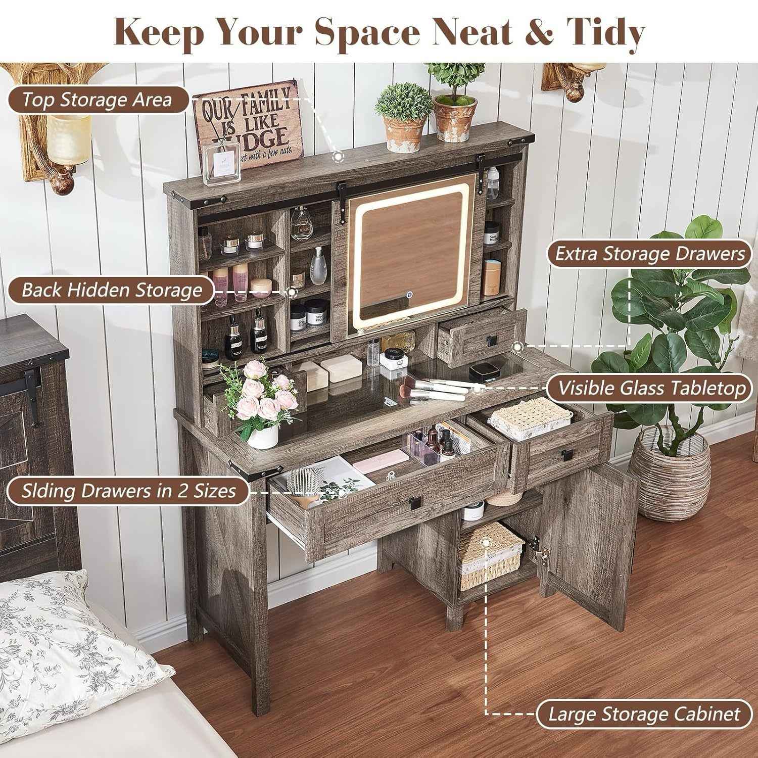 42'' Farmhouse Makeup Vanity Desk with Sliding Mirror and Lights, Glass Tabletop Vanity Table with Barn Door, 4 Drawers & Hidden Shelves, Ru