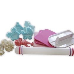Cake Decorating Kit 2 by CiE, Set includes; Fondant smoother, Small rolling pin, Shaping foam. Baby shower cookie cutters, Heart & flower plunger cutt