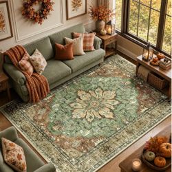 Persian-Style Medallion Area Rug Green Brown