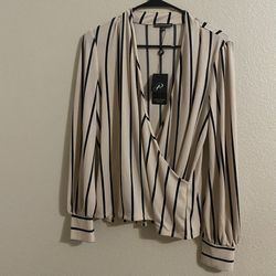 Adrianna Papell Striped Blouse Sleeves Neutral Business Casual Sz M