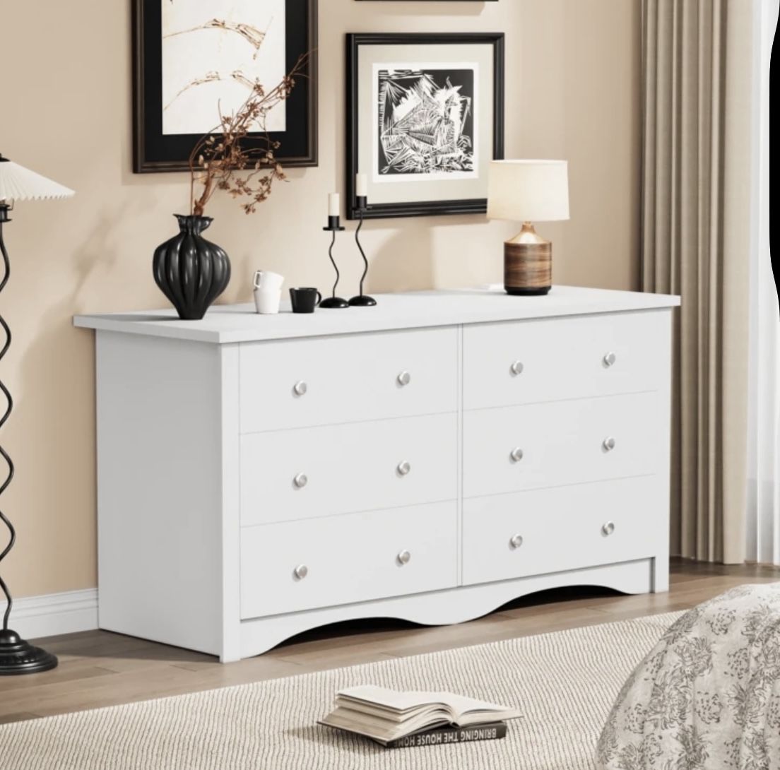 59 Inches White Wood Double Dresser with 6 Drawers for Bedroom/ TV Stand For Living Room /  Hallway.  Brand New in original box