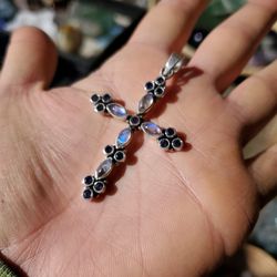 925 Sterling Silver Cross Rainbow moonstone & Iolite.