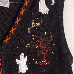 XL Vtg Basic Editions Black Halloween knit sweater vest embroidered beaded Ghost