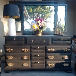 12 Drawer Solid Wood Dresser By Meredith Distinctive Furniture - Black With Gold 