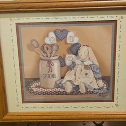 Vintage Pat Pearson 1990 Framed Print – Country Kitchen Bunny & Crock – 17x14 Farmhouse Wall Art

