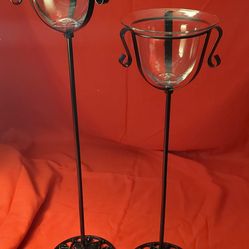 Pair of Cast Iron Candle Holders with Tulip Glass