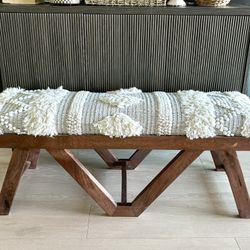 Nice Boho Rustic Upholstered Wood Bench Ottoman 