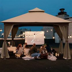 10 ft. x 13 ft. Outdoor Gazebo with Mosquito Netting, Metal Frame Double Roof Soft Top Canopy Tent in Khaki