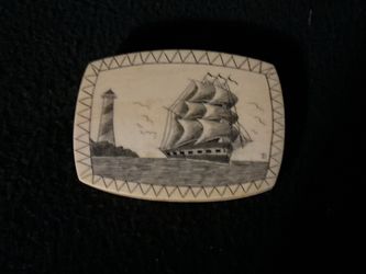 Scrimshaw Sailing Ship and Lighthouse Beltbuckle Signed B