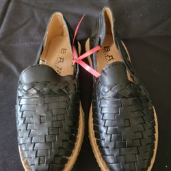 black, handwoven leather huarache sandals
