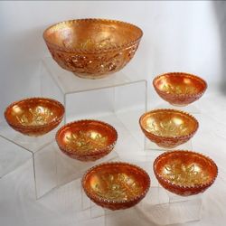 7 pc Vintage Imperial Open Rose Carnival Glass Bowl set 1 - 9.25in & 6 - 5.25in