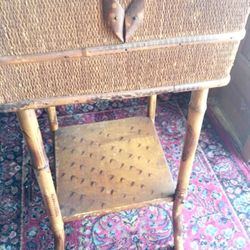 Antique Rattan Rushed Weave Bamboo Wood Sofa Side End Table Accent Stand Entry H