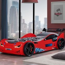 Twin Size Bed Frame Roadster High Gloss Red Car Design LED Headlights