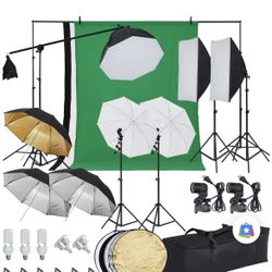 Photography Lighting kit with Backdrops, 8.5ftx10ft Backdrop Stand, 5 tripod stands and Bulb, Umbrella Softbox Continuous Lighting, Photo Studio Equip