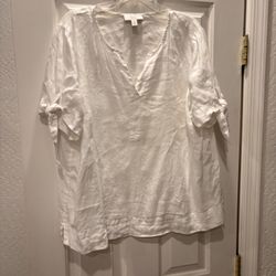 100% Linen White Color Women’s Short Sleeve Top Blouse Shirt Charter Club Luxury Brand Size xl